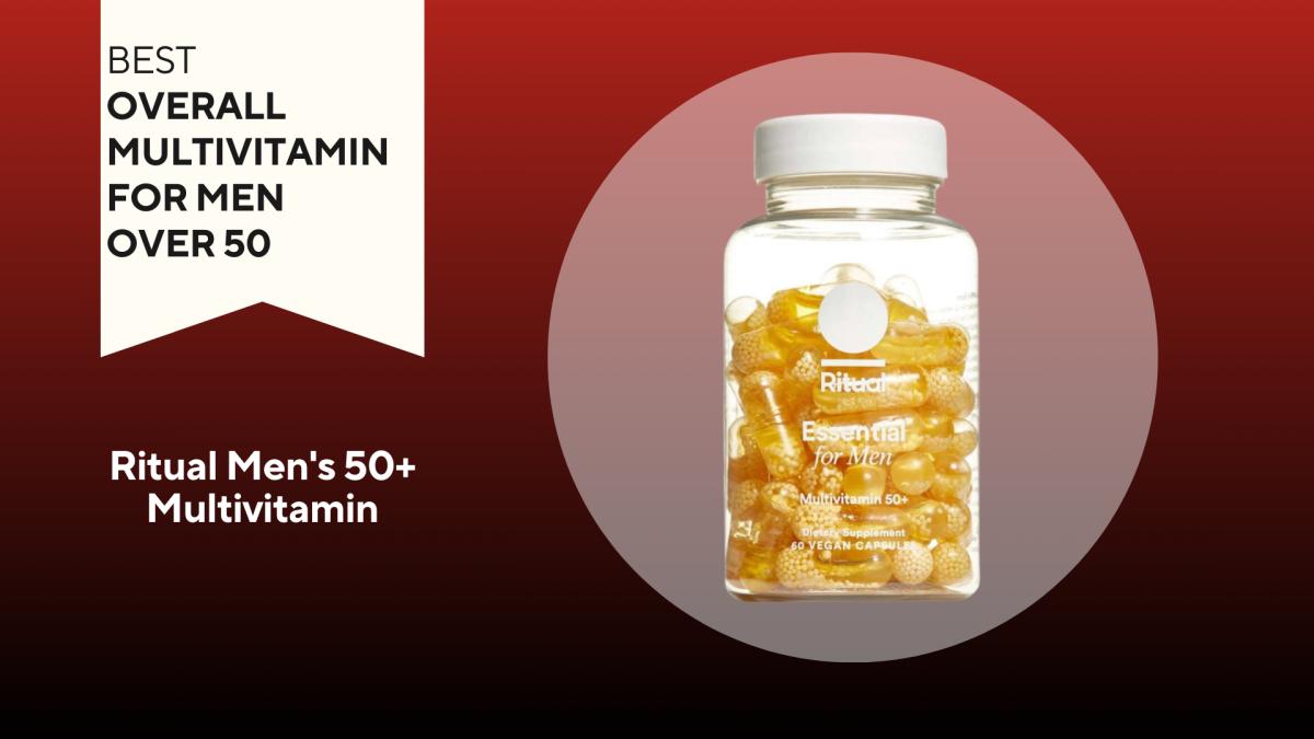 A red background with a white banner that says, "Best Overall Multivitamin for Men Over 50" next to a clear bottle that says Ritual Essential for Men 50+ with gold capsules inside